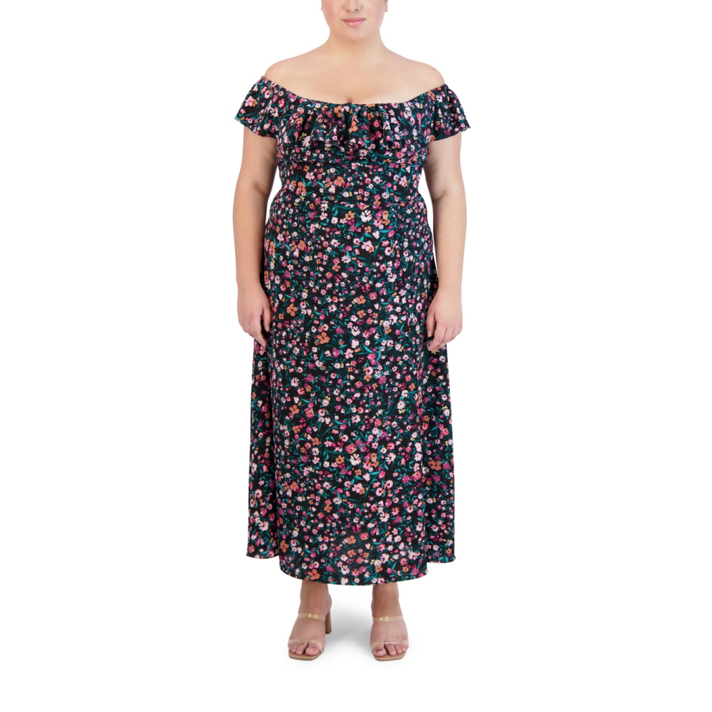BCBG‎ Paris Dress Womens Extra Large Black Floral Off the Shoulder Maxi Spring